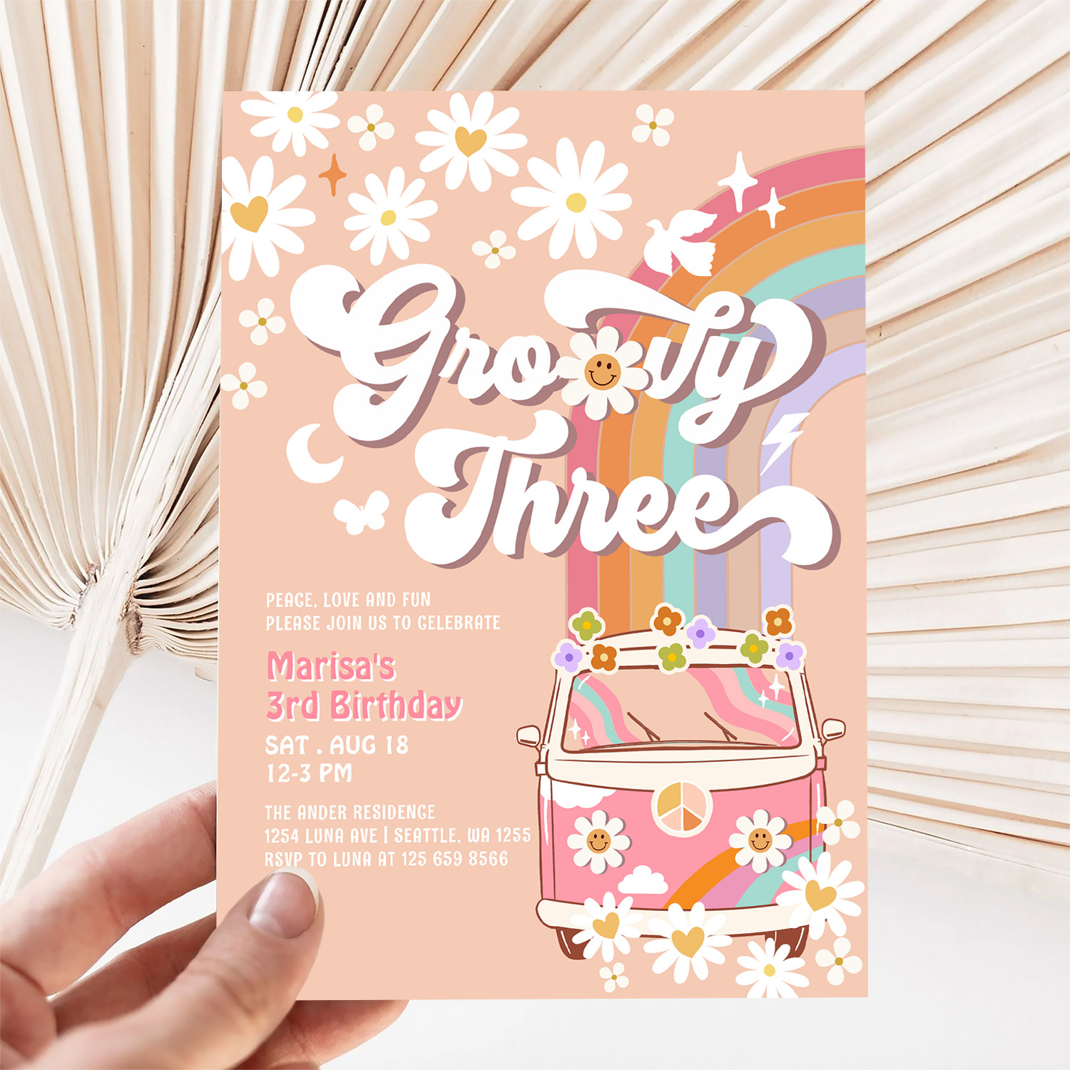 Groovy 3rd Pink Daisy Rainbow Hippie Birthday Invitation - Image 5