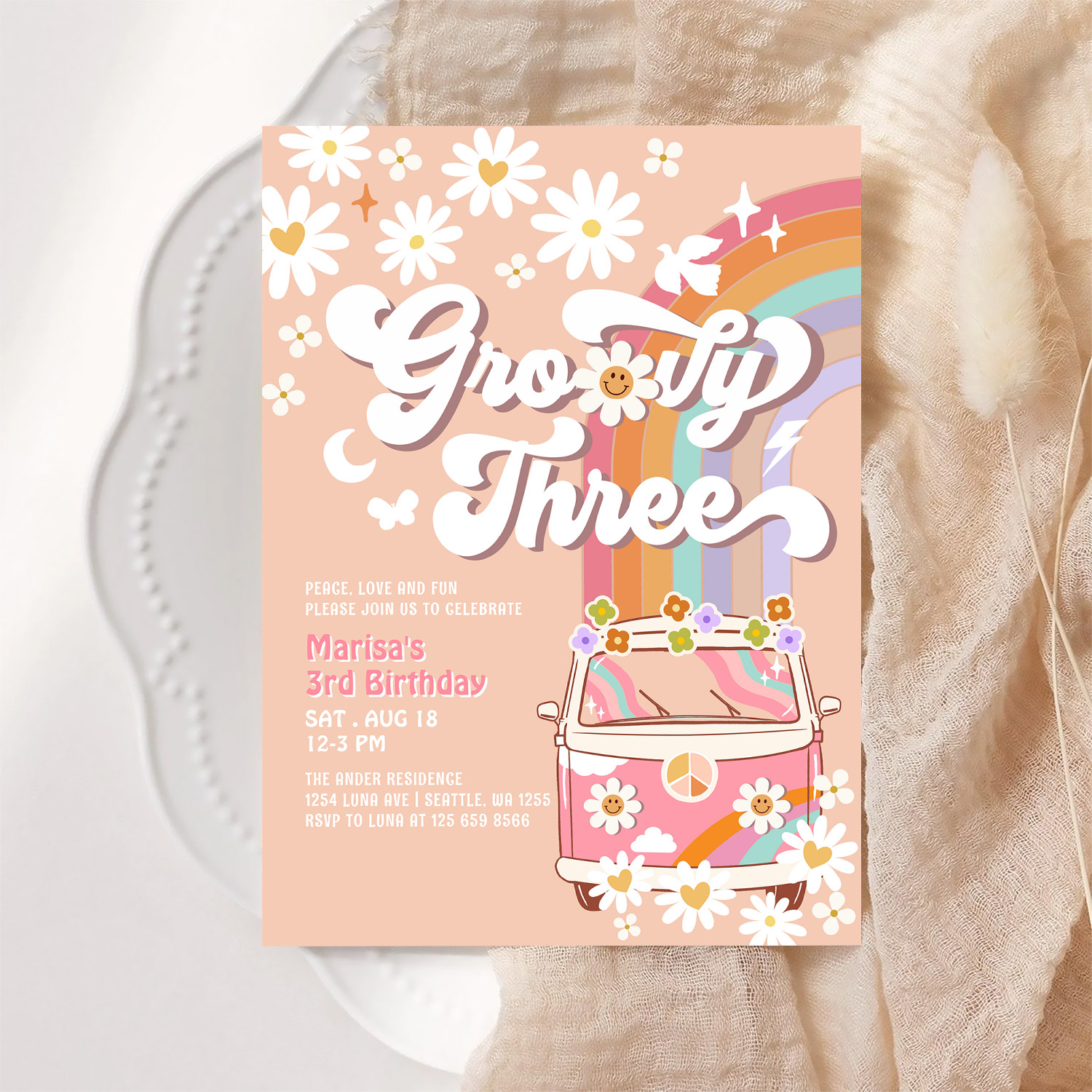 Groovy 3rd Pink Daisy Rainbow Hippie Birthday Invitation - Image 6