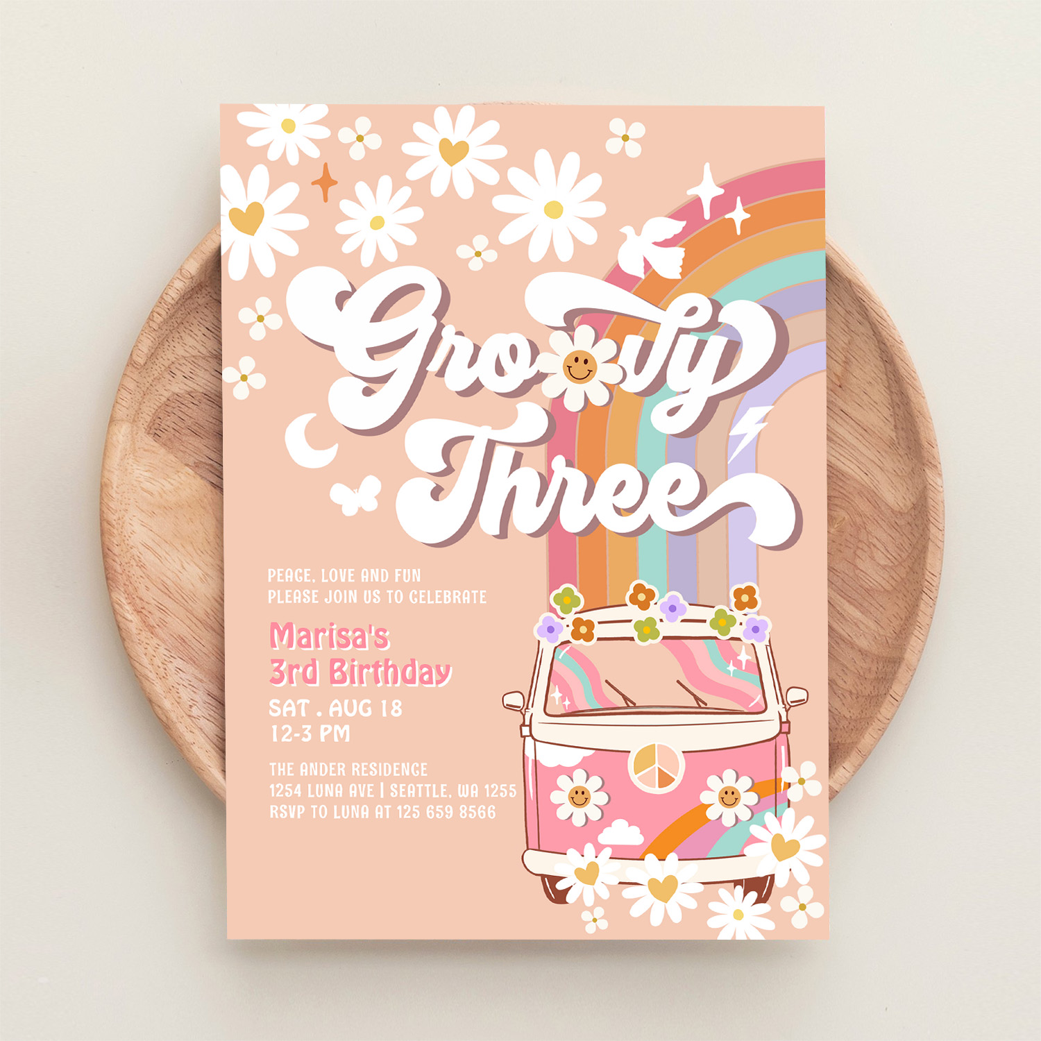 Groovy 3rd Pink Daisy Rainbow Hippie Birthday Invitation - Image 7