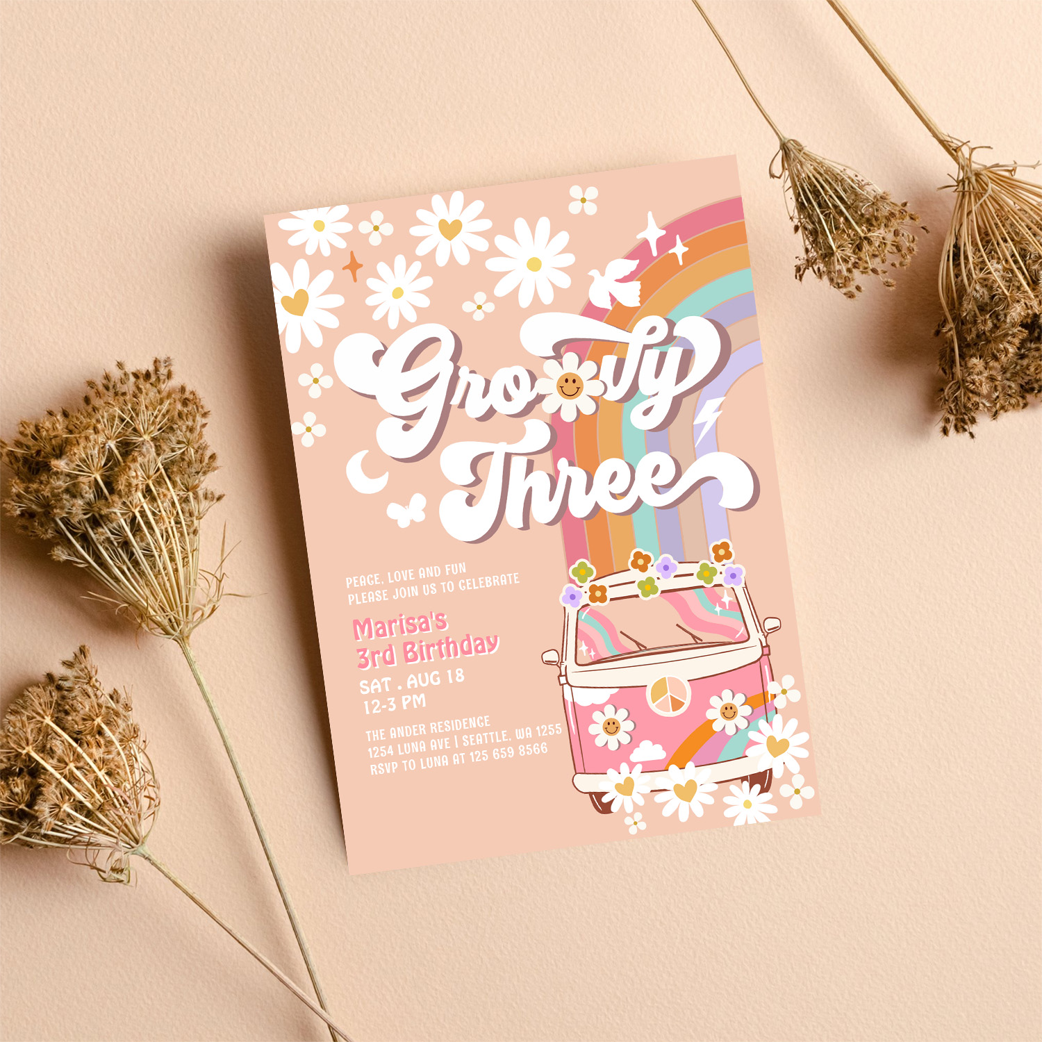 Groovy 3rd Pink Daisy Rainbow Hippie Birthday Invitation - Image 8