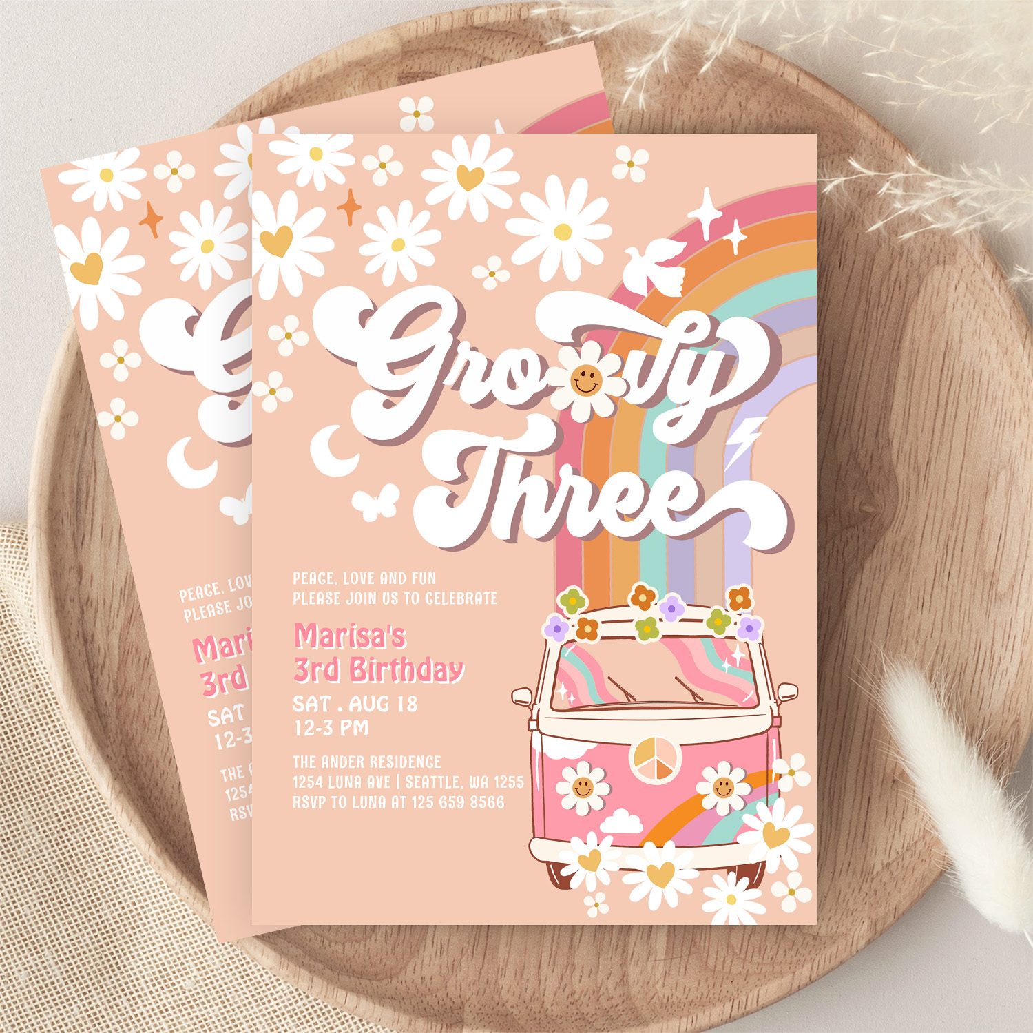 Groovy 3rd Pink Daisy Rainbow Hippie Birthday Invitation - Image 9