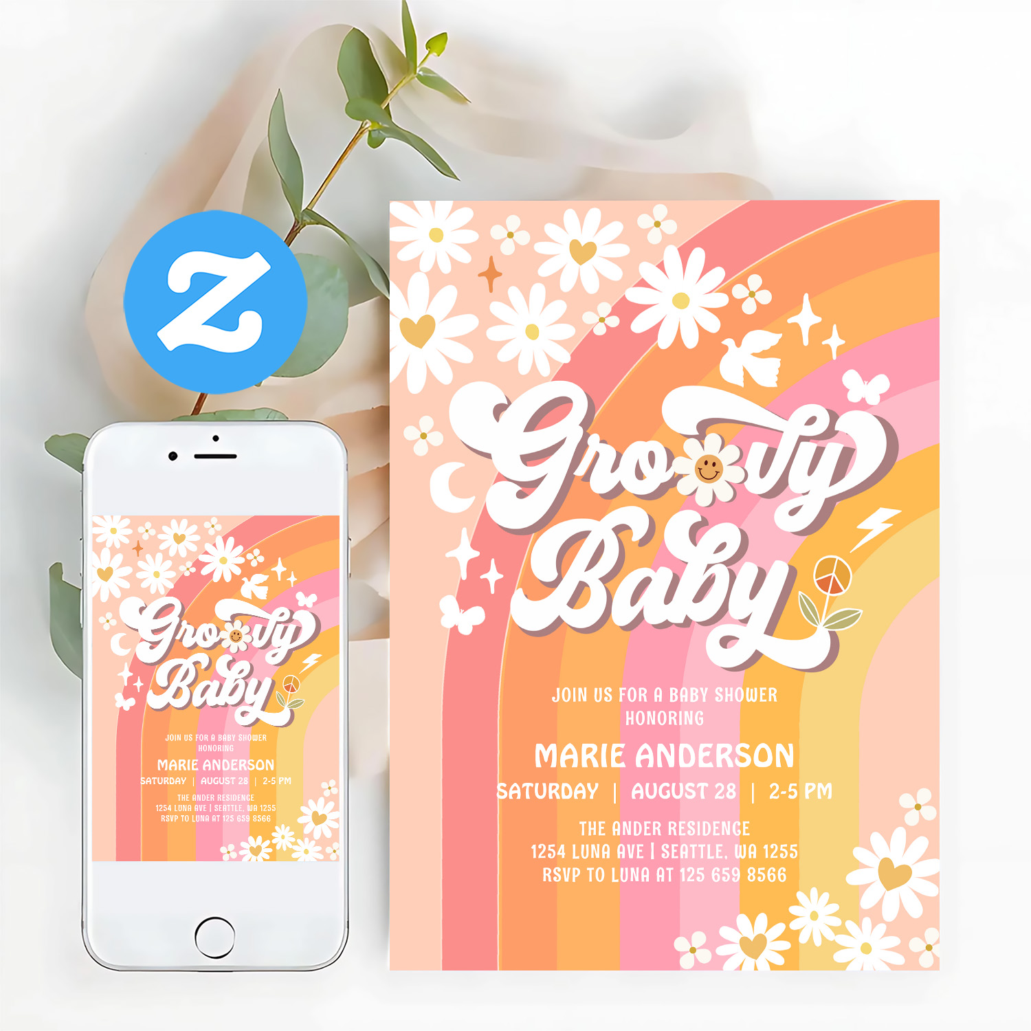Groovy Baby Daisy Hippie 70S Retro Baby Shower Invitation