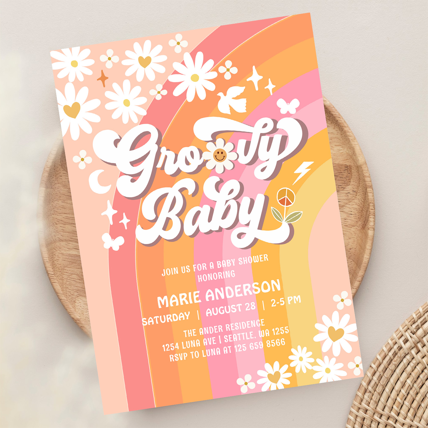 Groovy Baby Daisy Hippie 70S Retro Baby Shower Invitation - Image 13
