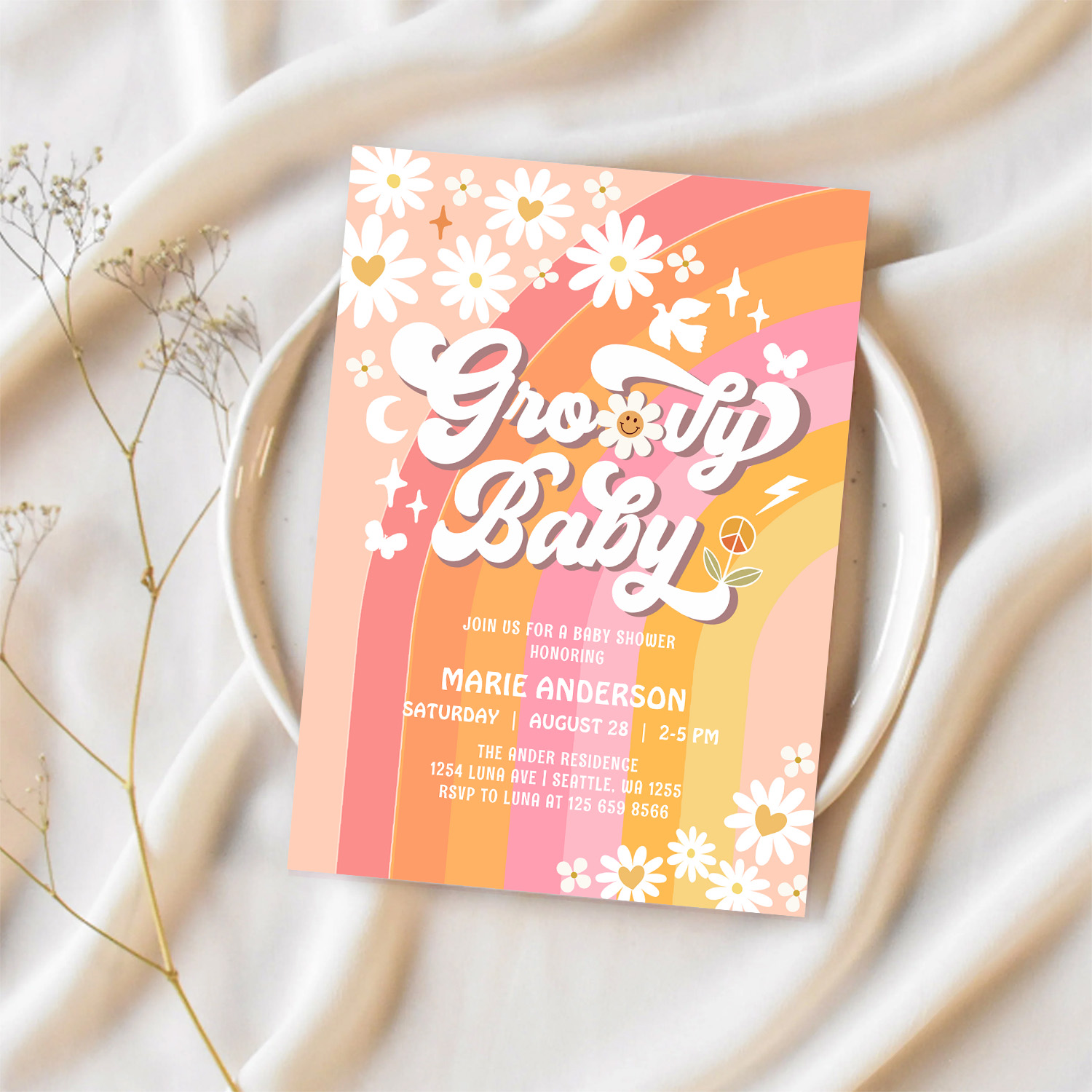 Groovy Baby Daisy Hippie 70S Retro Baby Shower Invitation - Image 2