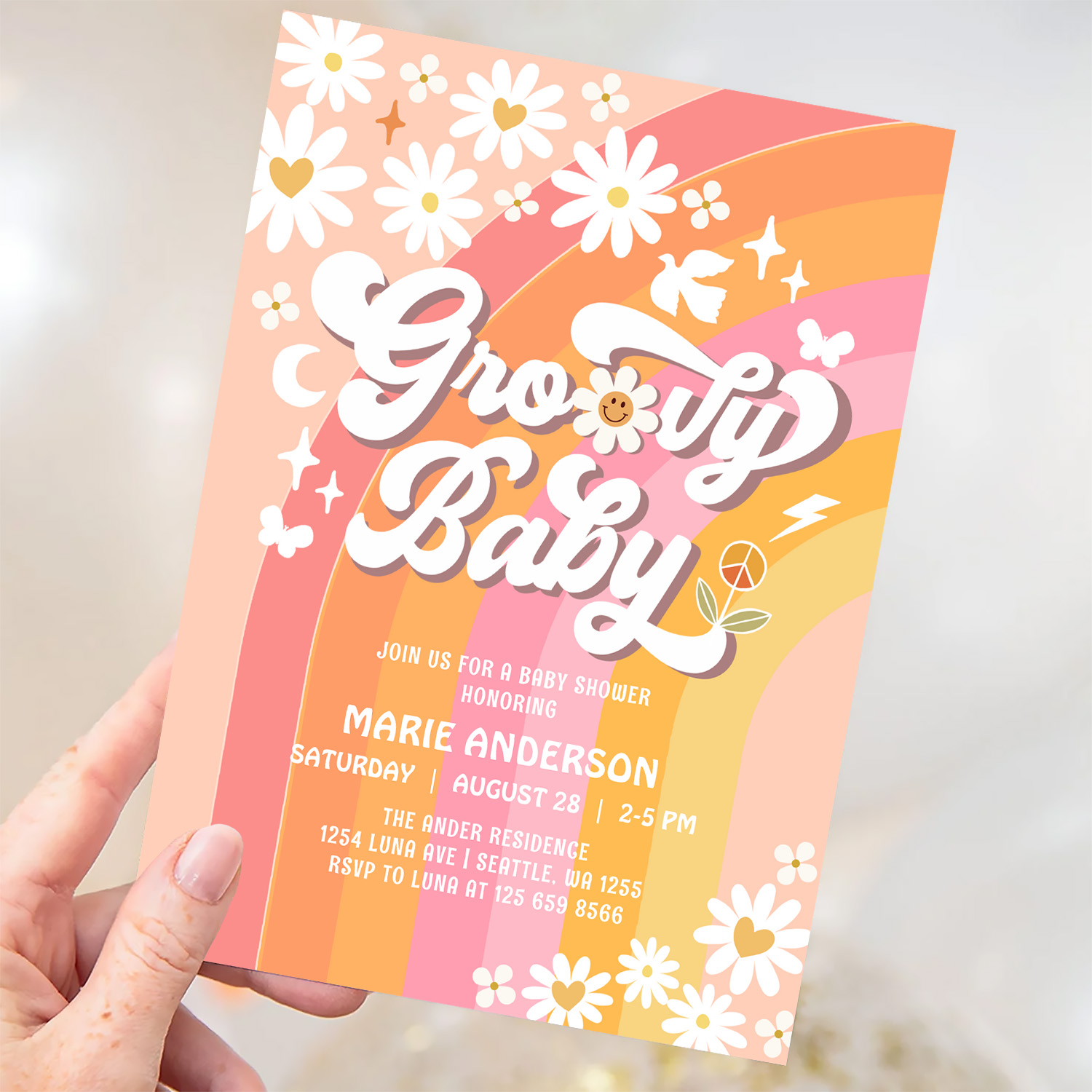 Groovy Baby Daisy Hippie 70S Retro Baby Shower Invitation - Image 3