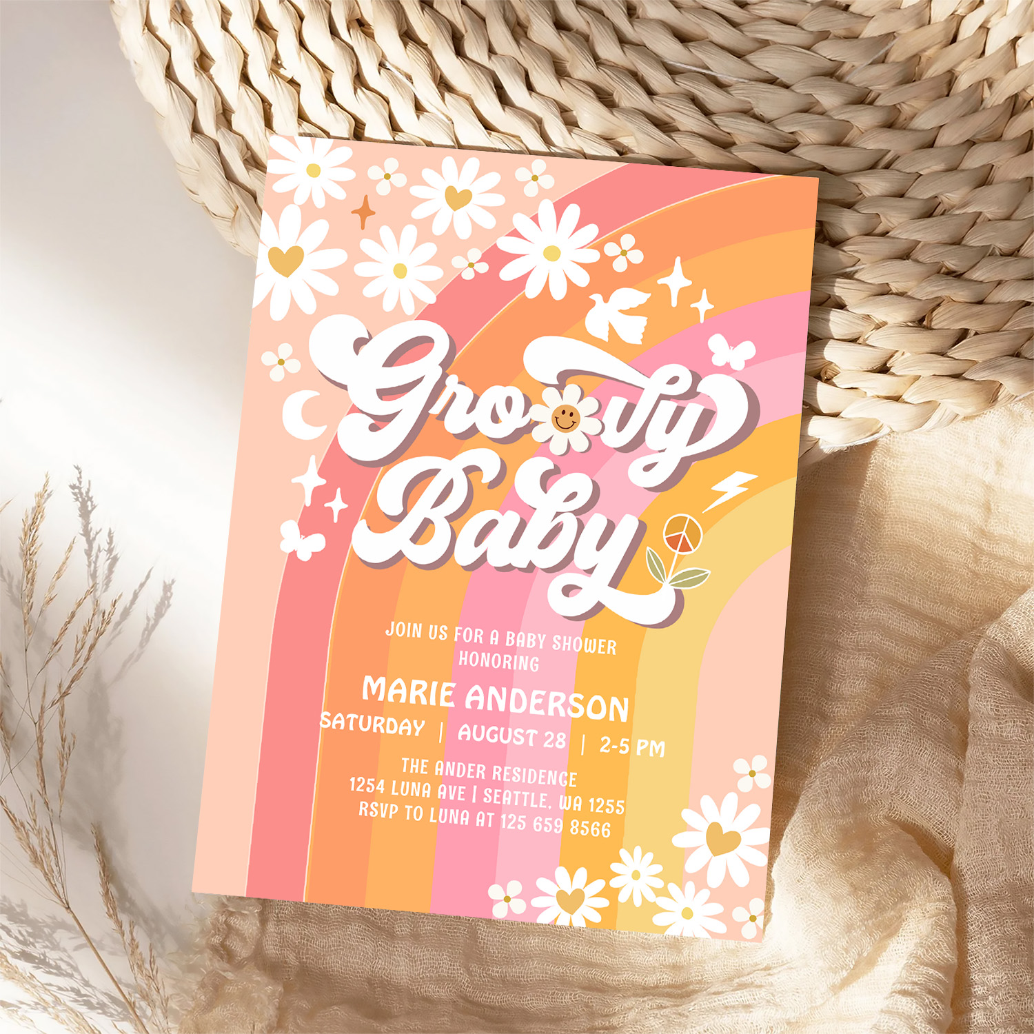 Groovy Baby Daisy Hippie 70S Retro Baby Shower Invitation - Image 4