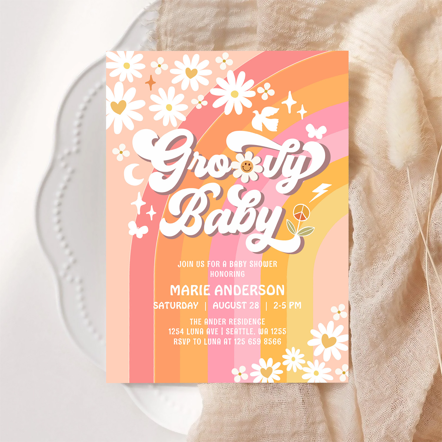 Groovy Baby Daisy Hippie 70S Retro Baby Shower Invitation - Image 6