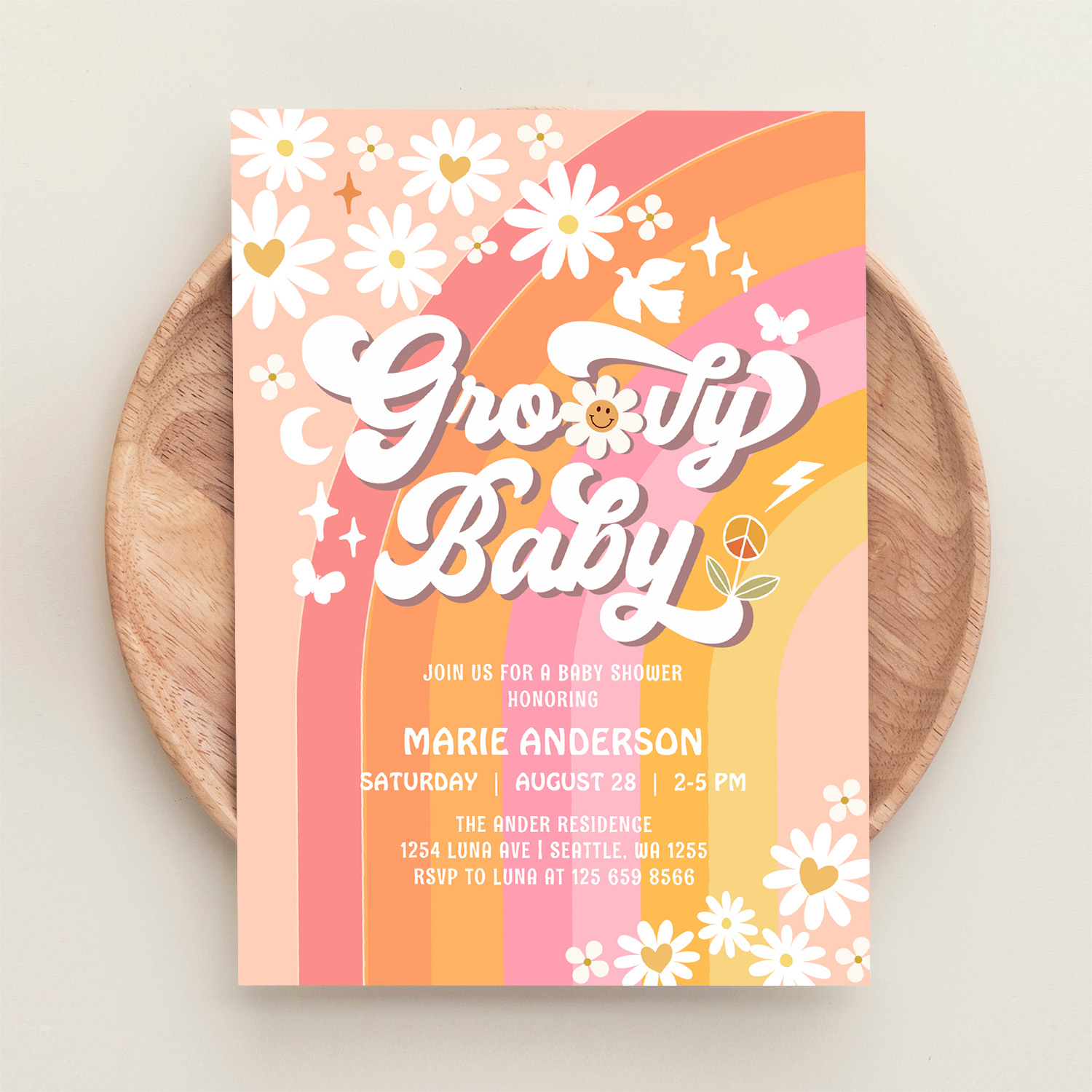 Groovy Baby Daisy Hippie 70S Retro Baby Shower Invitation - Image 7