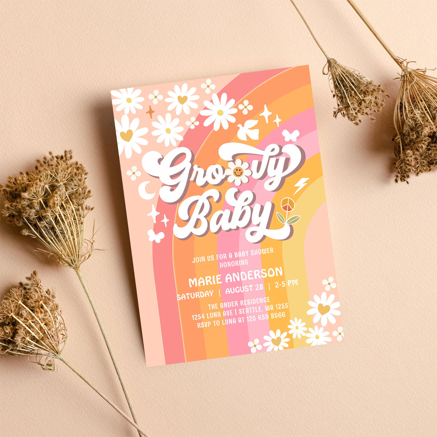 Groovy Baby Daisy Hippie 70S Retro Baby Shower Invitation - Image 8
