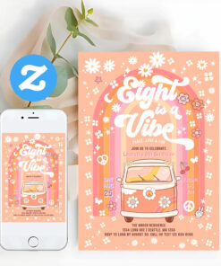 Groovy Eight Is A Vibe Van Bus 8th Birthday Invitation