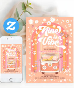 Groovy Nine Is A Vibe Van Bus 9th Birthday Invitation