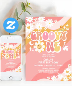 Groovy One 1st Daisy Hippie 70S Retro Birthday Invitation