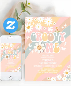 Groovy One 1st Pastel Groovy First Birthday Invitation