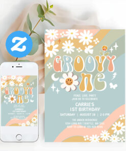Groovy One Daisy Hippie 70S Retro 1st Birthday Invitation