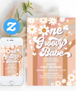 Groovy One Daisy Rainbow Beige 1st Birthday Invitation