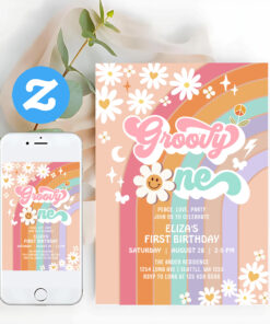 Groovy One Daisy Rainbow Hippie Retro Birthday Invitation