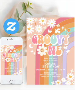 Groovy One Hippie 70S Retro 1st Birthday Invitation