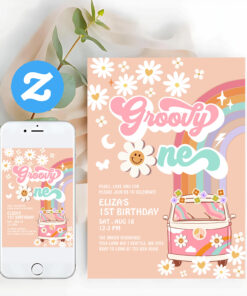 Groovy One Pink Daisy Rainbow Van 1st Birthday Invitation