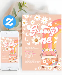 Groovy One Van Peach Daisy Rainbow 1st Birthday Invitation