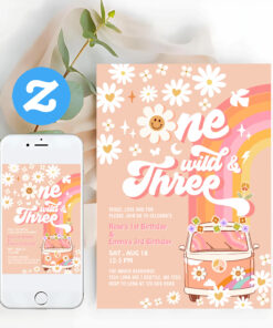 Groovy One Wild And Three Daisy Rainbow Birthday Invitation