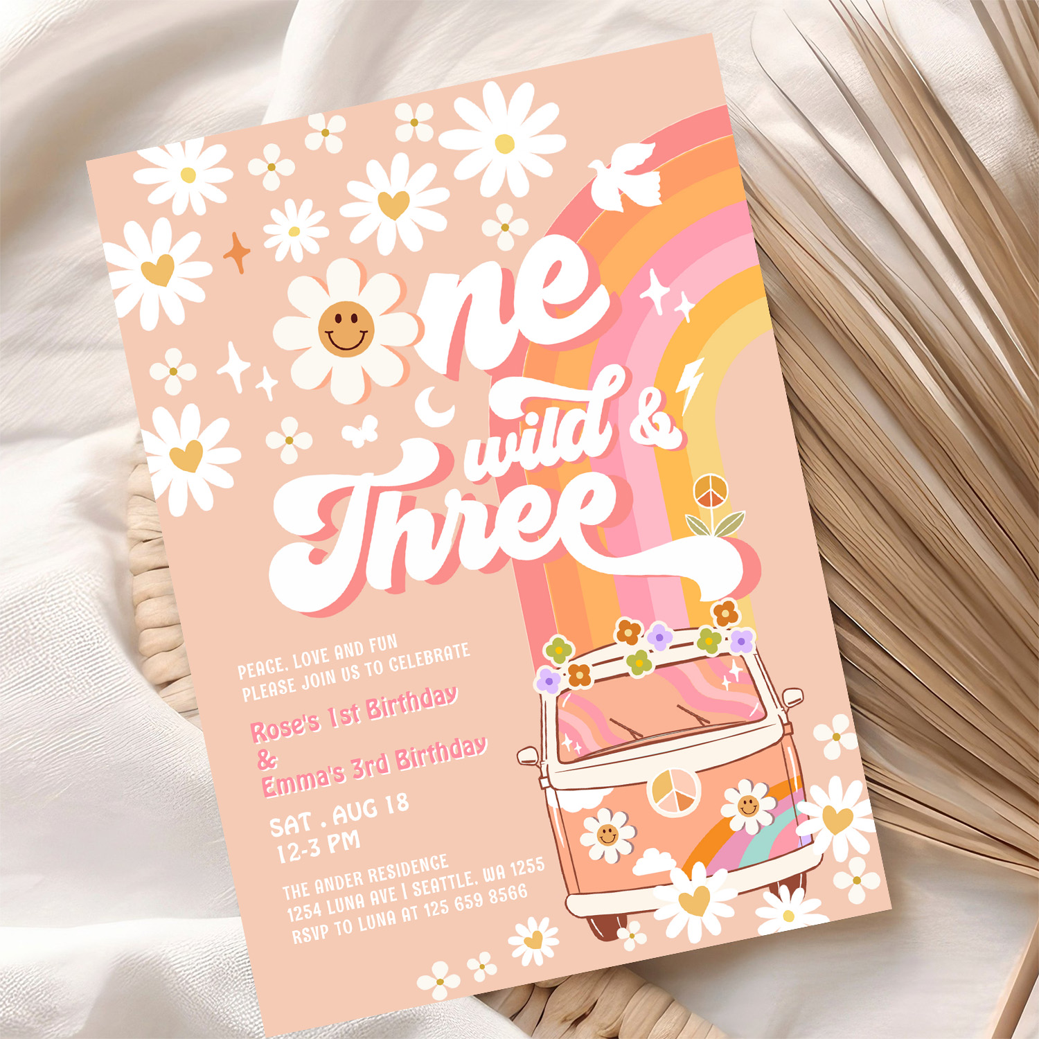 Groovy One Wild And Three Daisy Rainbow Birthday Invitation - Image 10