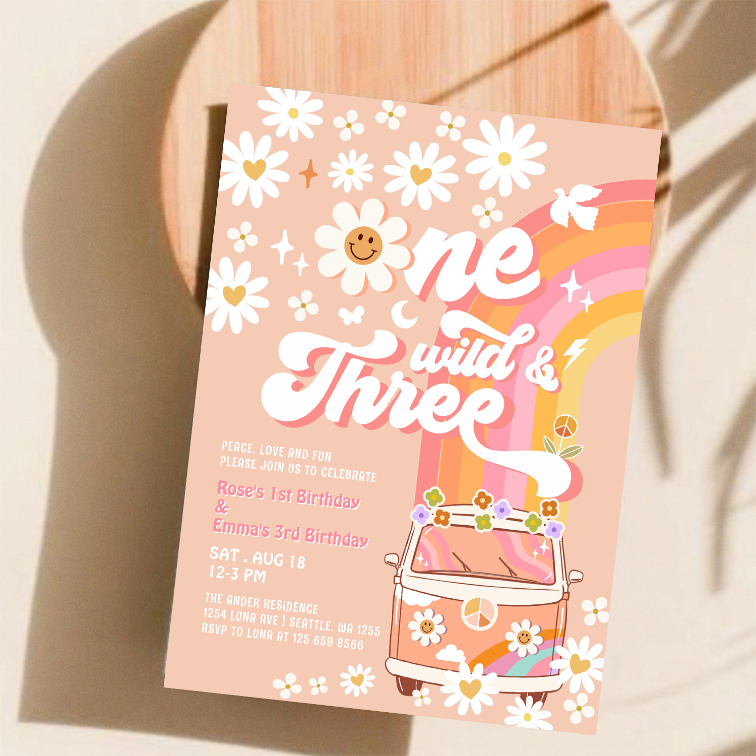 Groovy One Wild And Three Daisy Rainbow Birthday Invitation - Image 11