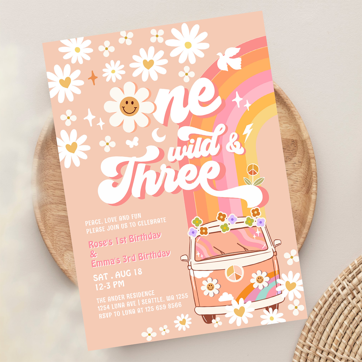 Groovy One Wild And Three Daisy Rainbow Birthday Invitation - Image 13
