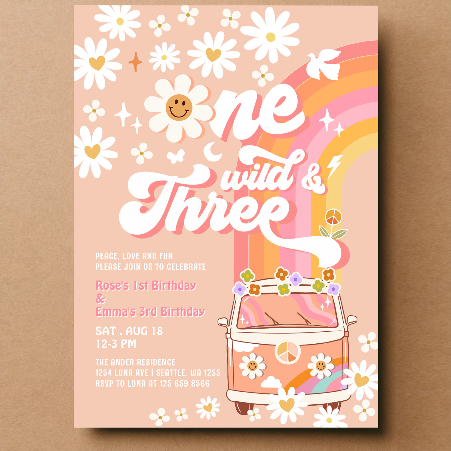 Groovy One Wild And Three Daisy Rainbow Birthday Invitation - Image 14