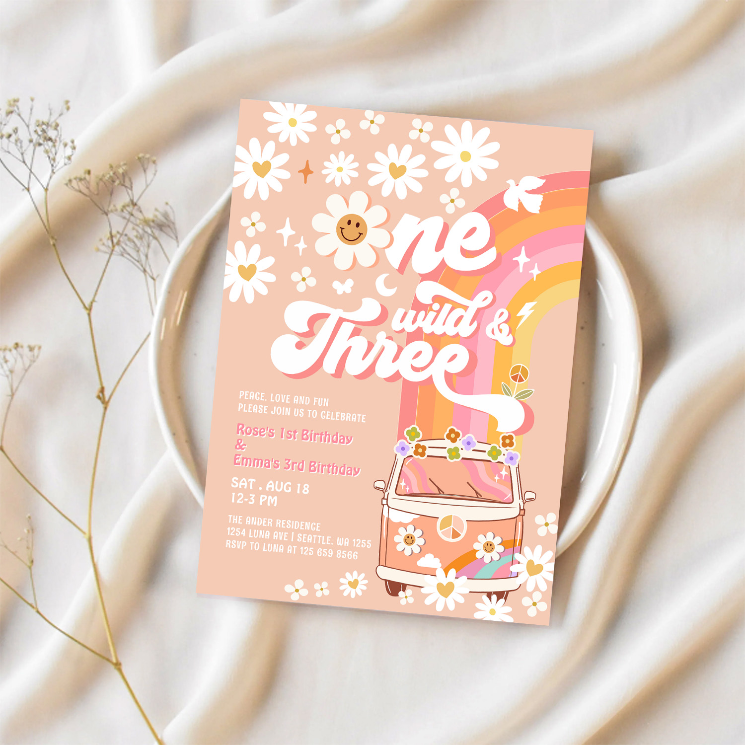 Groovy One Wild And Three Daisy Rainbow Birthday Invitation - Image 2