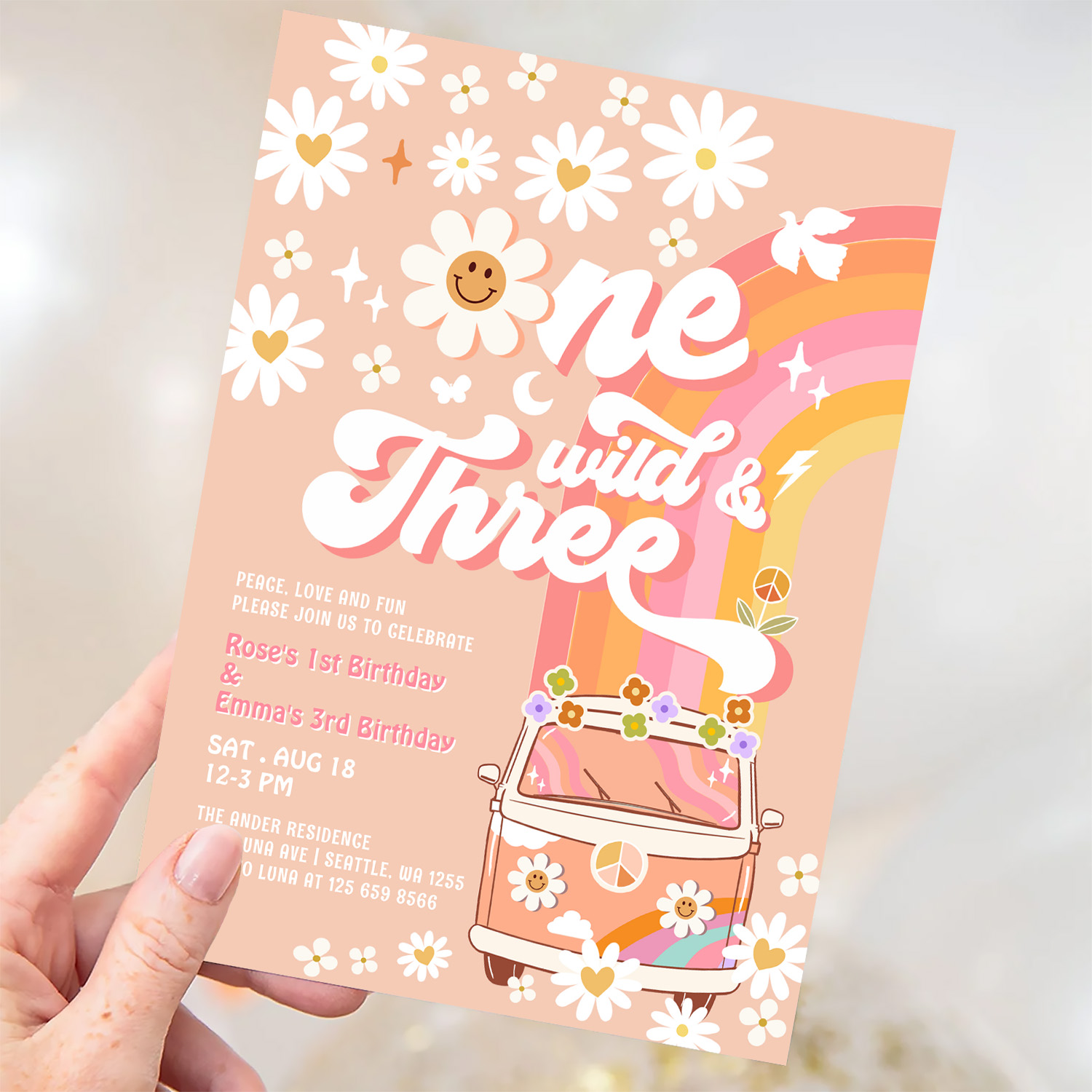 Groovy One Wild And Three Daisy Rainbow Birthday Invitation - Image 3