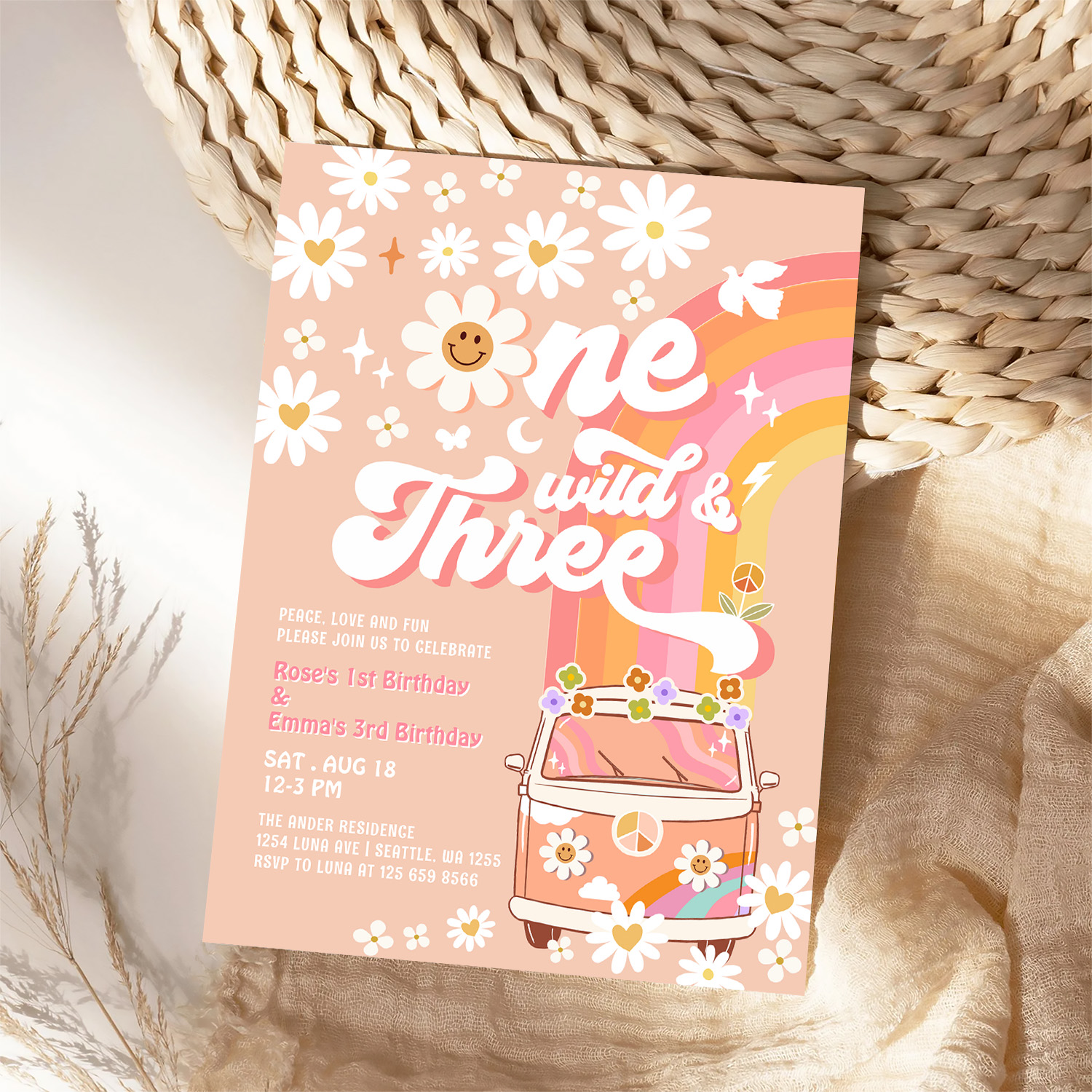 Groovy One Wild And Three Daisy Rainbow Birthday Invitation - Image 4