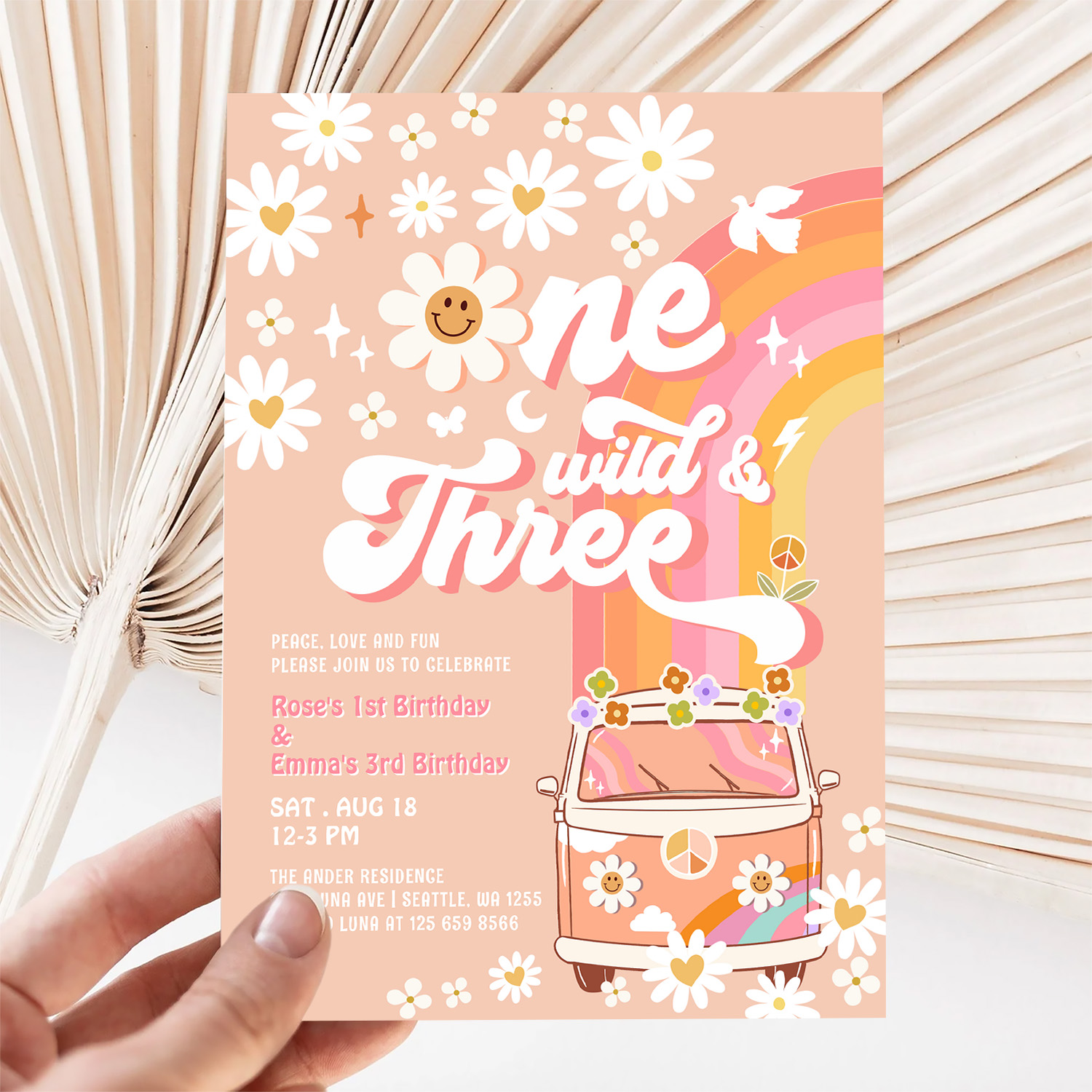 Groovy One Wild And Three Daisy Rainbow Birthday Invitation - Image 5
