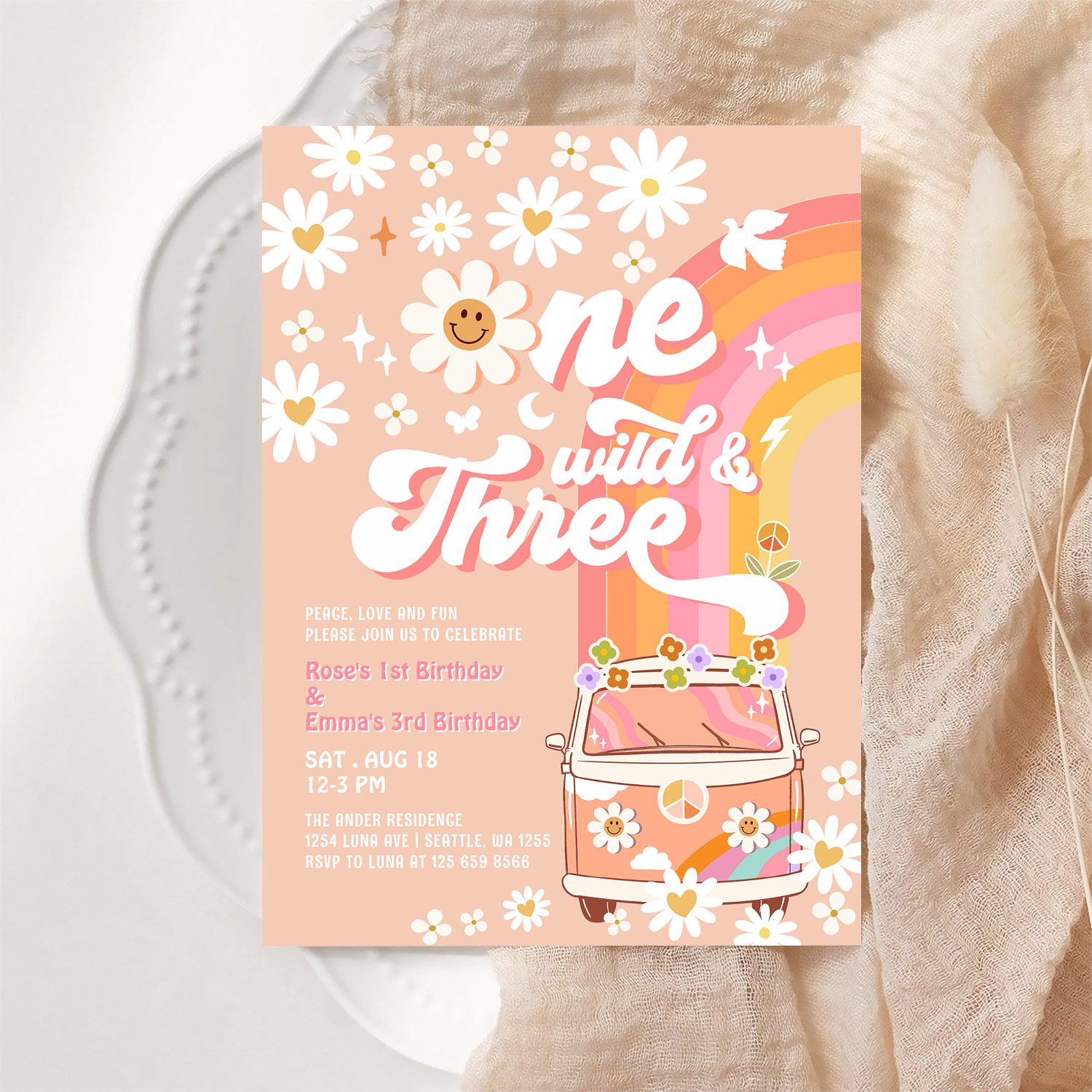 Groovy One Wild And Three Daisy Rainbow Birthday Invitation - Image 6