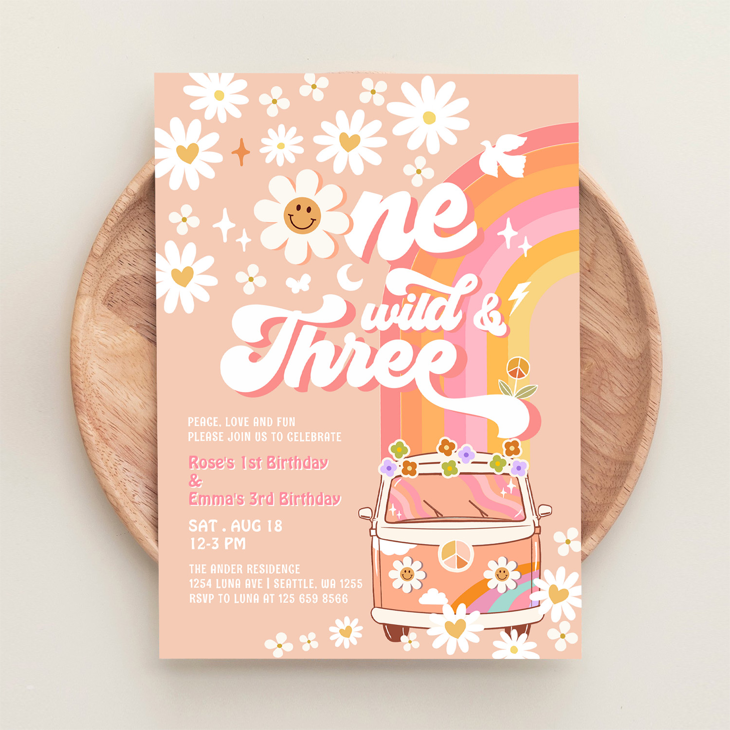 Groovy One Wild And Three Daisy Rainbow Birthday Invitation - Image 7