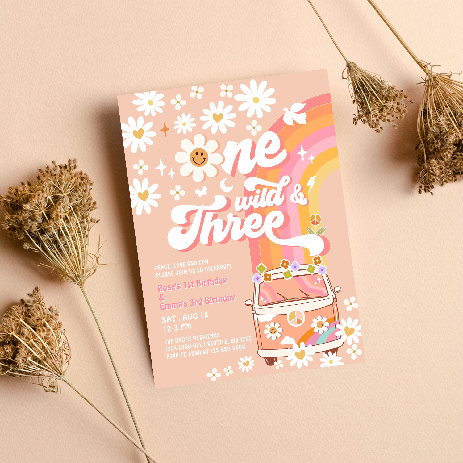 Groovy One Wild And Three Daisy Rainbow Birthday Invitation - Image 8