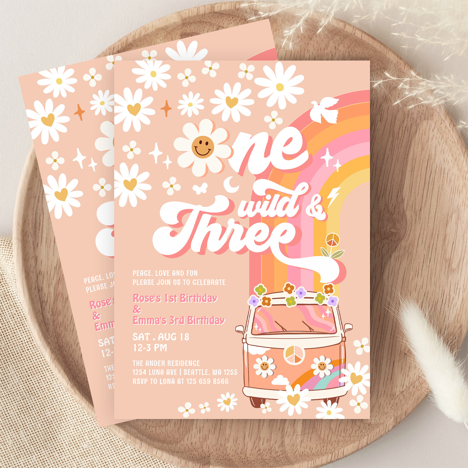 Groovy One Wild And Three Daisy Rainbow Birthday Invitation - Image 9