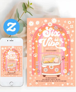 Groovy Six Is A Vibe Van Bus 6th Birthday Invitation