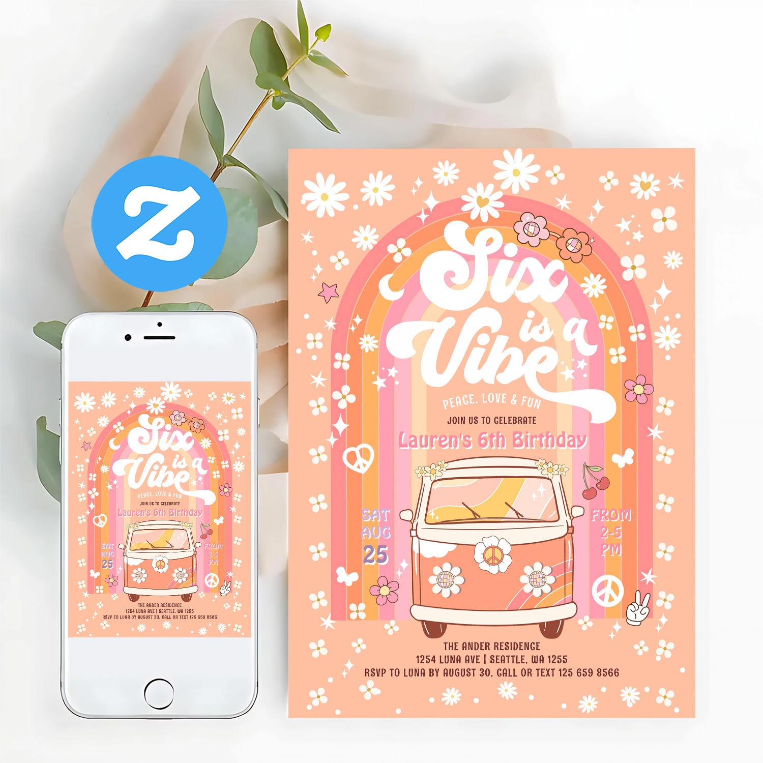 Groovy Six Is A Vibe Van Bus 6th Birthday Invitation