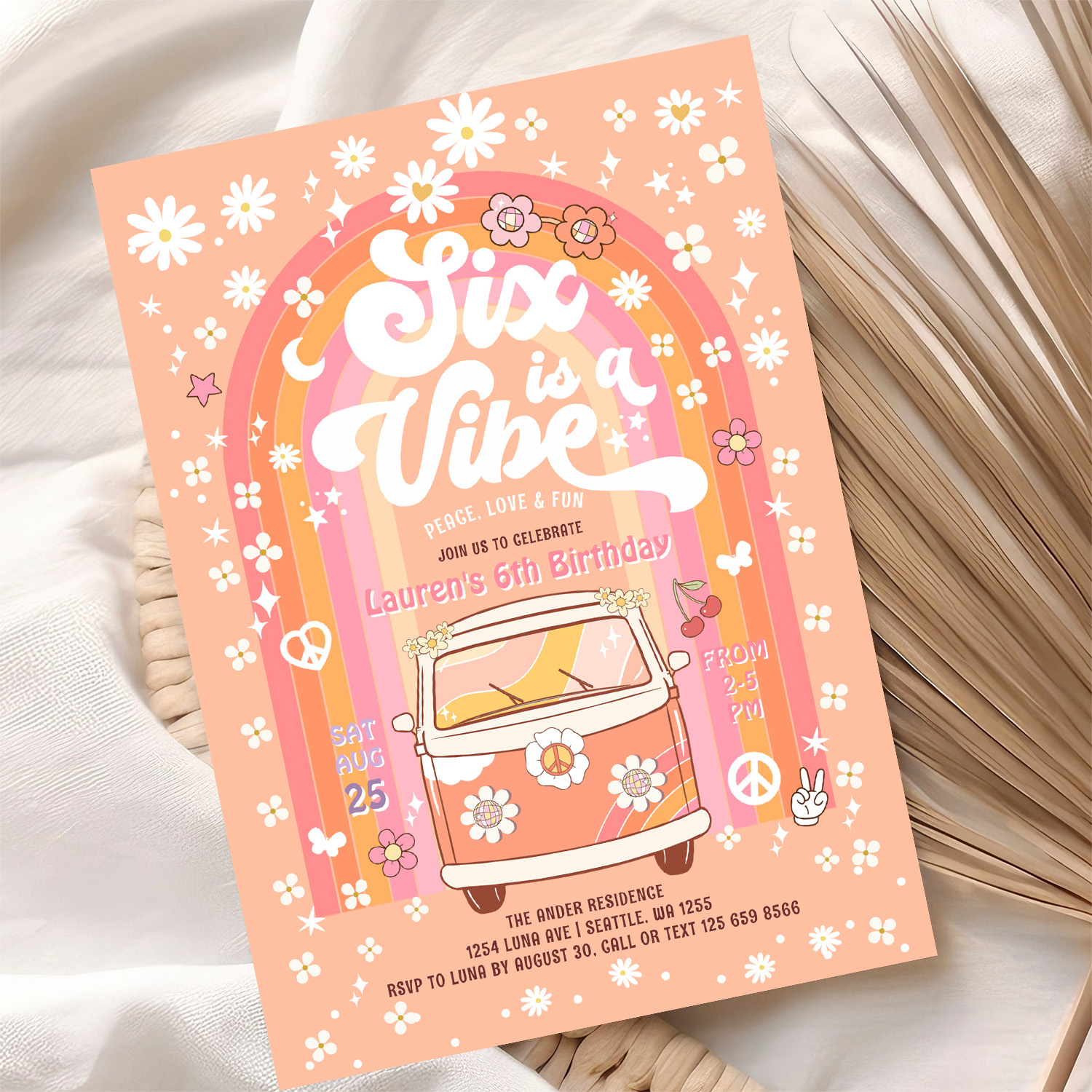 Groovy Six Is A Vibe Van Bus 6th Birthday Invitation - Image 10