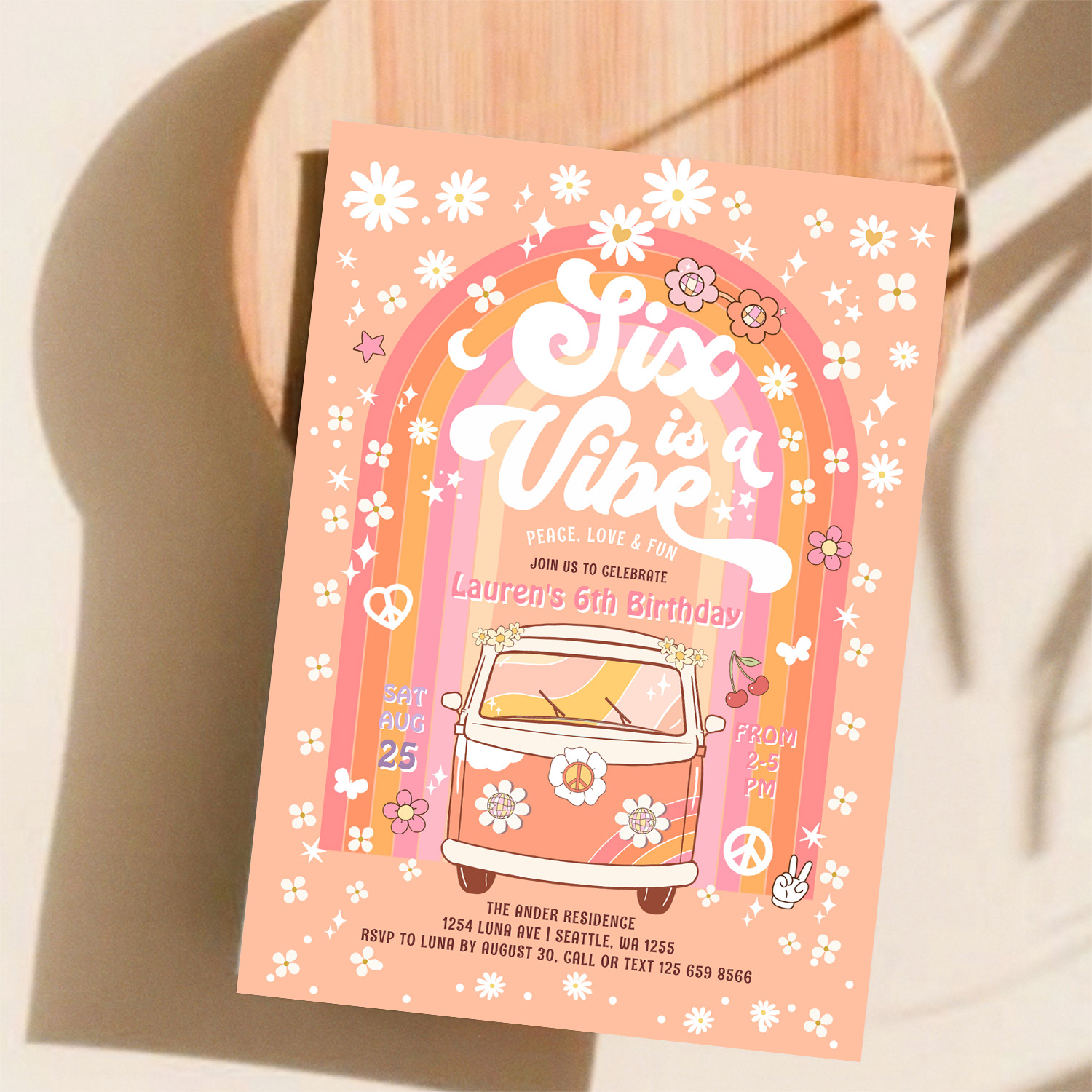 Groovy Six Is A Vibe Van Bus 6th Birthday Invitation - Image 11