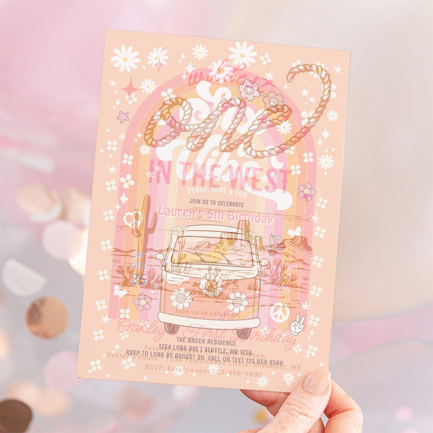 Groovy Six Is A Vibe Van Bus 6th Birthday Invitation - Image 12