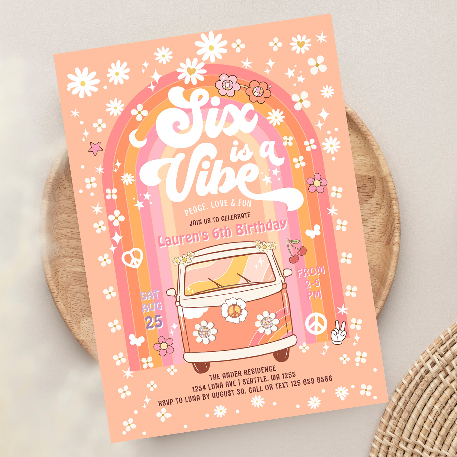 Groovy Six Is A Vibe Van Bus 6th Birthday Invitation - Image 13