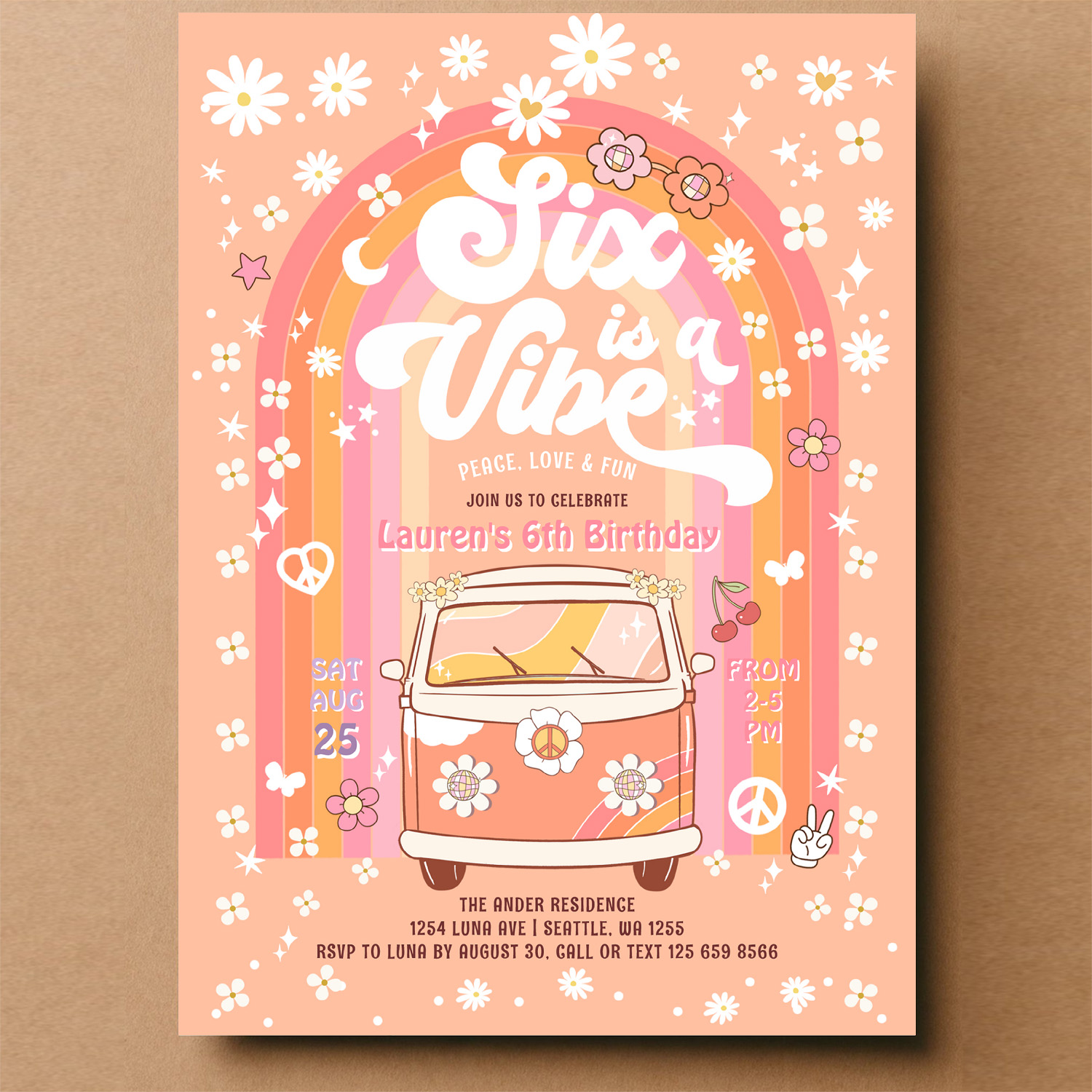 Groovy Six Is A Vibe Van Bus 6th Birthday Invitation - Image 14