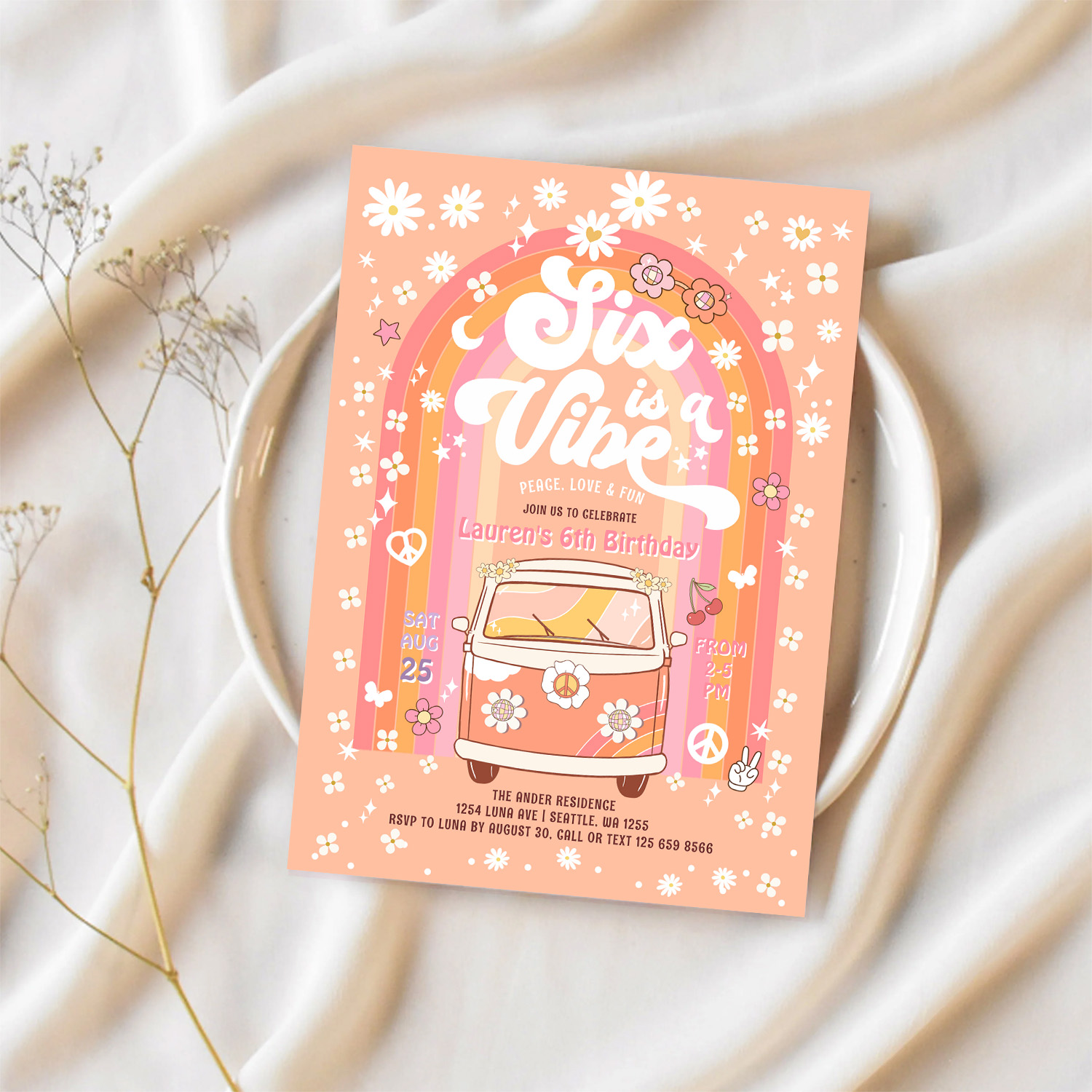 Groovy Six Is A Vibe Van Bus 6th Birthday Invitation - Image 2