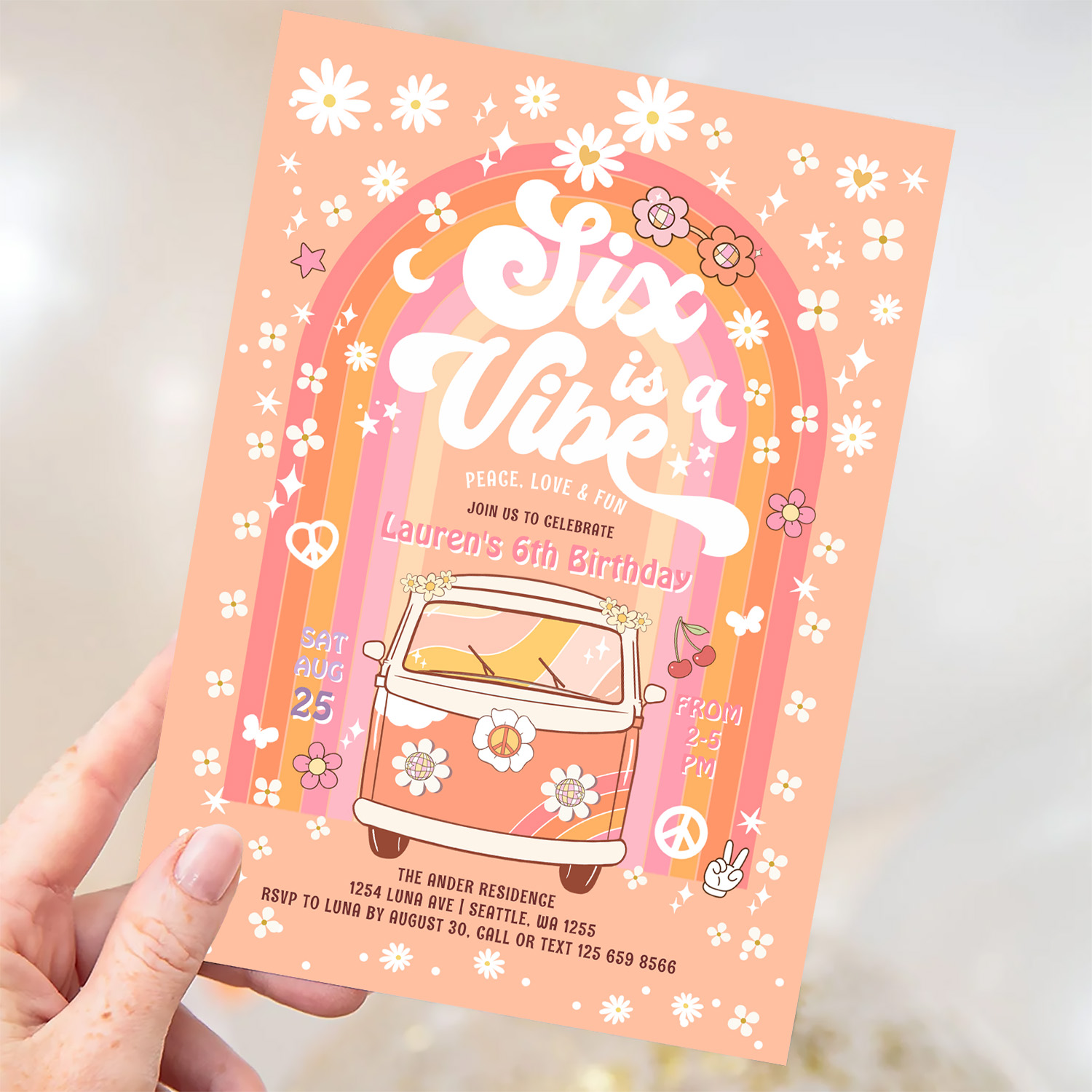 Groovy Six Is A Vibe Van Bus 6th Birthday Invitation - Image 3