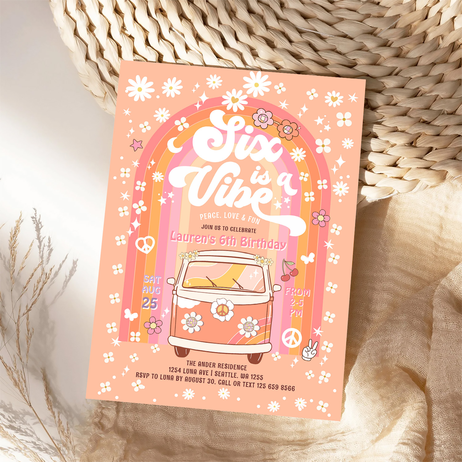 Groovy Six Is A Vibe Van Bus 6th Birthday Invitation - Image 4