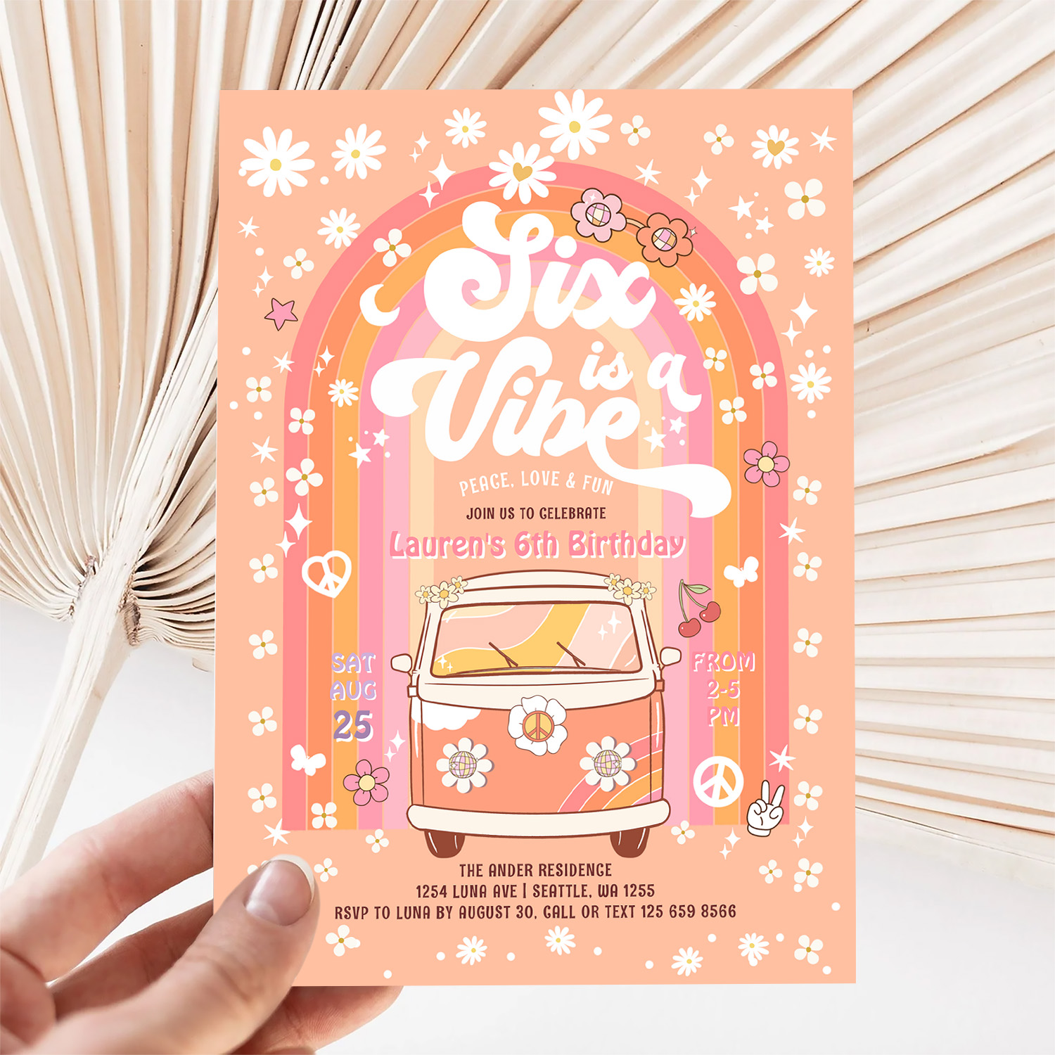 Groovy Six Is A Vibe Van Bus 6th Birthday Invitation - Image 5