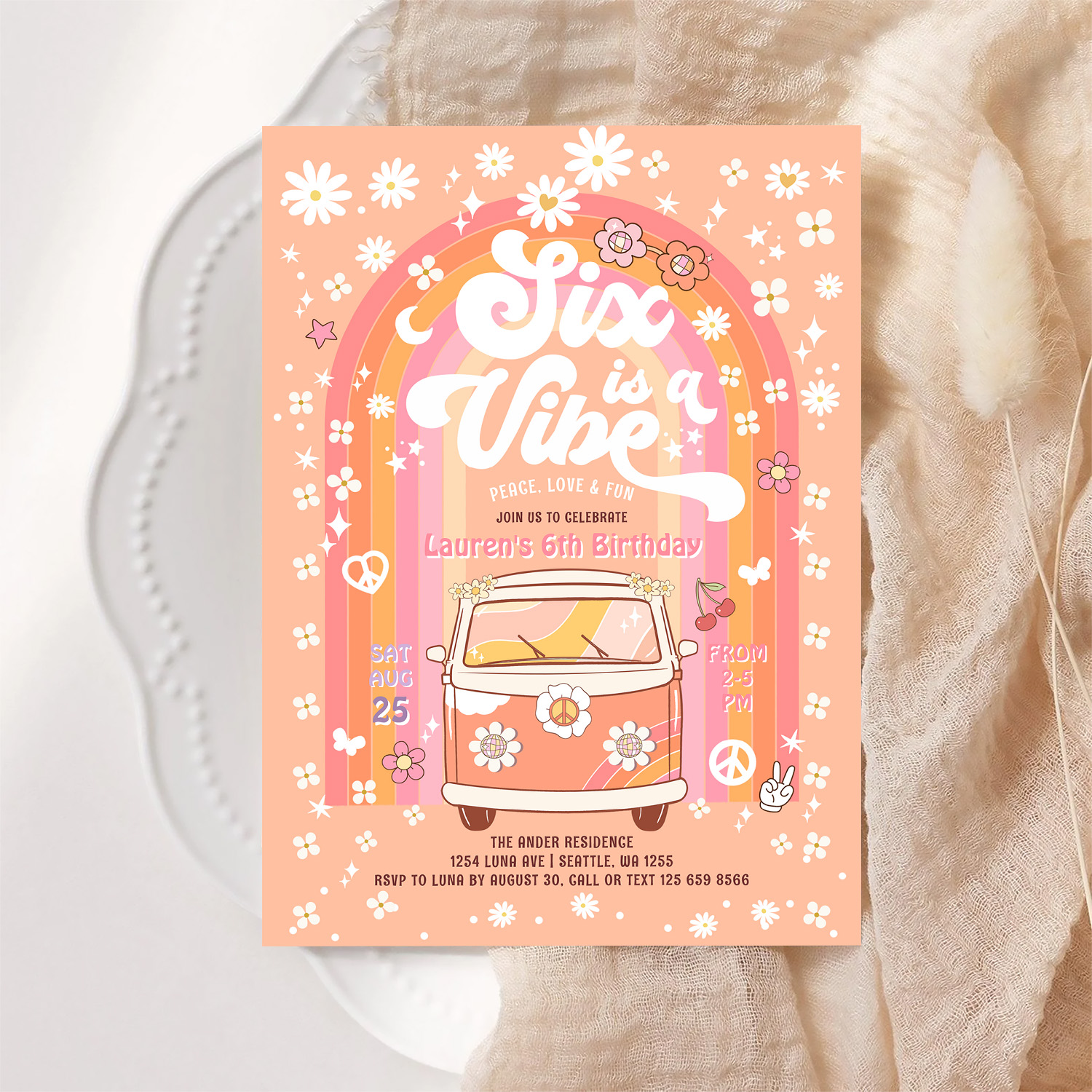 Groovy Six Is A Vibe Van Bus 6th Birthday Invitation - Image 6