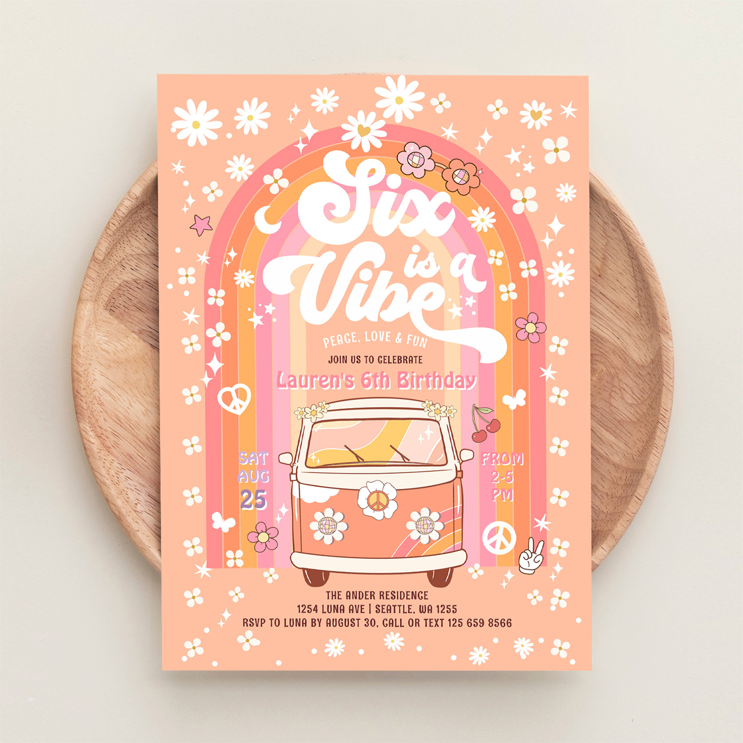 Groovy Six Is A Vibe Van Bus 6th Birthday Invitation - Image 7