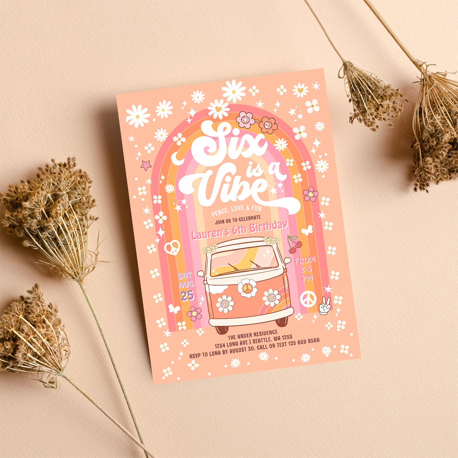 Groovy Six Is A Vibe Van Bus 6th Birthday Invitation - Image 8